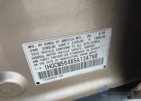 2005 Honda Accord 2.4 Lx from USA, damaged, VIN 1HGCM56465A134796